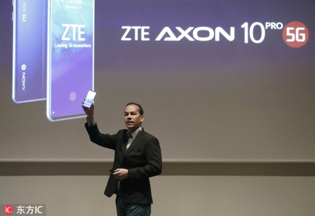 New ZTE Axon 10 Pro 5G is presented on the opening day of the Mobile World Congress 2019 (MWC19), in Barcelona, Spain, February 25, 2019. [Photo: EPA via IC/Andreu Dalmau]