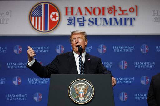 U.S. President Donald Trump speaks during a news conference after a summit with North Korean leader Kim Jong Un, Thursday, Feb. 28, 2019, in Hanoi. [Photo: AP]