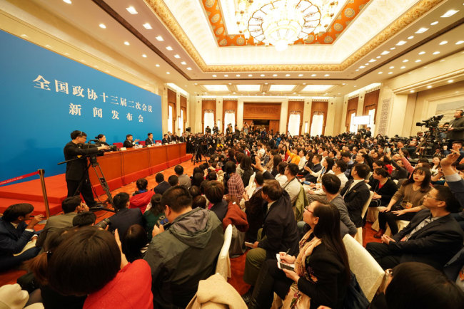The Chinese People's Political Consultative Conference (CPPCC), China's top political advisory body, holds a press conference in Beijing on Saturday, March 2, 2019 ahead of the start of its annual meeting. [Photo: IC]