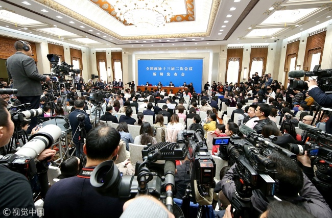 The National Committee of the Chinese People's Political Consultative Conference (CPPCC), the country's top political advisory body, holds a press conference in Beijing on Saturday, March 2, 2019. [Photo: VCG]