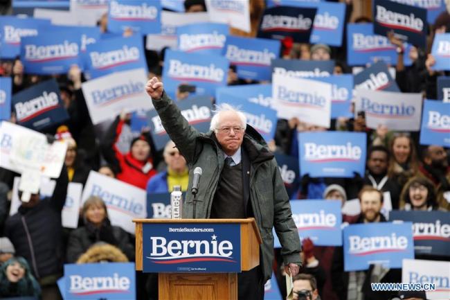 U.S. Senator Bernie Sanders gestures during his first presidential campaign rally in Brooklyn College, New York, the United States, March 2, 2019.  [Photo: Xinhua]