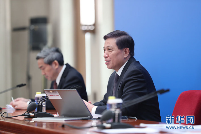 Zhang Yesui, speaksperson of the National People's Congress (NPC), China's top legislature, at a news conference in Beijing on Monday, March 4, ahead of the start of its annual session. [Photo: Xinhua]