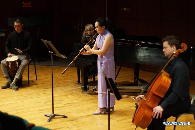 Visiting Chinese professor Yuxiao Chen (2nd R) performs at a concert at Binghamton University in New York, the United States, on March 7, 2019. [Photo: Xinhua]