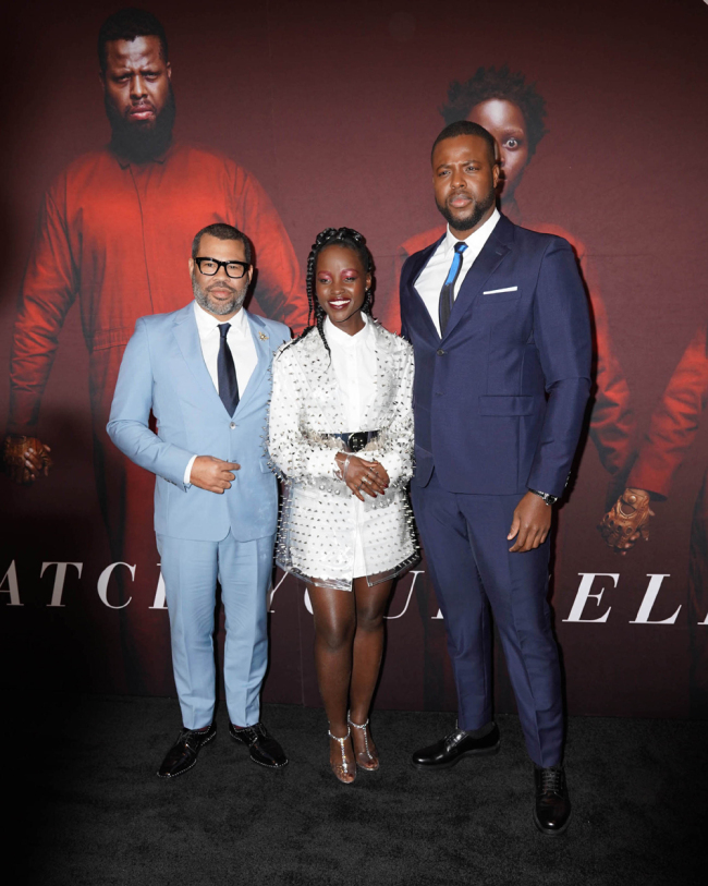 Jordan Peele, Lupita Nyong''o and Winston Duke at the premiere of "Us" held at The Museum of Modern Art in New York City on Tuesday, March 19, 2019. [Photo：IC]