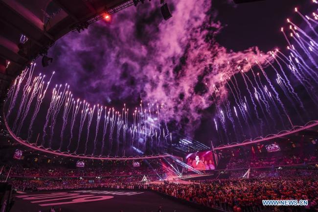 Fireworks are seen at the closing ceremony of the 2019 Abu Dhabi Special Olympics World Games in Abu Dhabi, the United Arab Emirates, on March 21, 2019. [Photo: Xinhua/Xia Yifang]