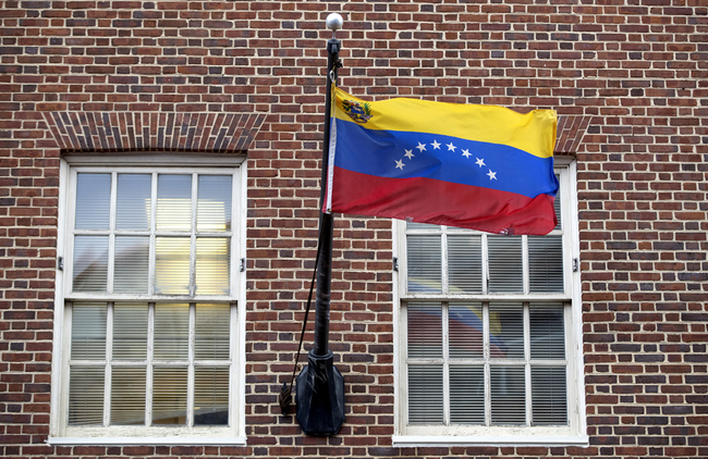 The Venezuelan national flag flies at its Embassy to the United States in the Georgetown area of Washington, DC, January 24, 2019. [Photo: IC]