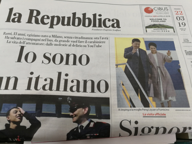 The front page of La Repubblica on Friday, March 22, 2019. [Photo: China Plus]