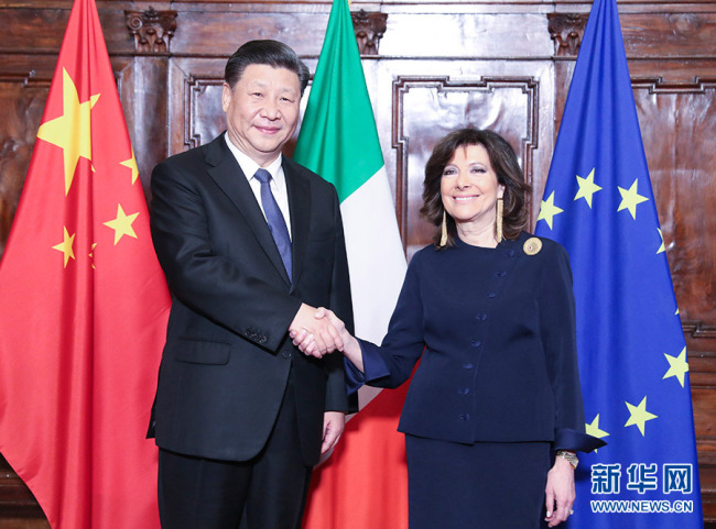 Visiting Chinese President Xi Jinping meets with Italian Senate Speaker Maria Elisabetta Alberti Casellati in Rome on Friday, March 22, 2019. [Photo: Xinhua] 