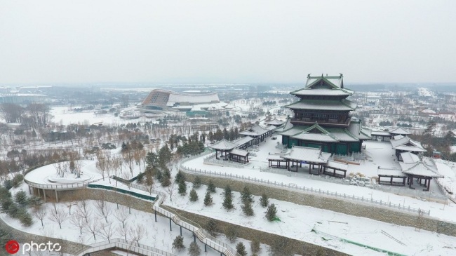 Scenery of the International Horticultural Exhibition 2019 Beijing in snow in Beijing, China, 14 February 2019. [File Photo: IC]