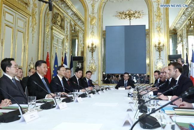 Chinese President Xi Jinping holds talks with his French counterpart Emmanuel Macron at the Elysee Palace in Paris, France, March 25, 2019. [Photo: Xinhua/Ju Peng]
