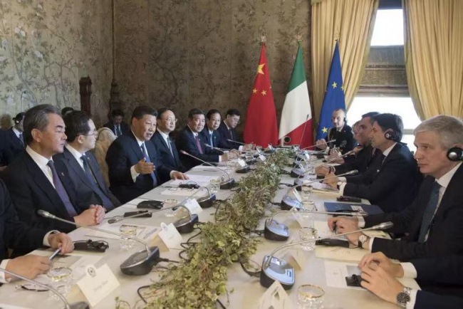 President Xi Jinping and Italy's Prime Minister Giuseppe Conte hold talks in Rome, Italy on Saturday, March 23, 2019. [Photo: Xinhua/Li Xueren]