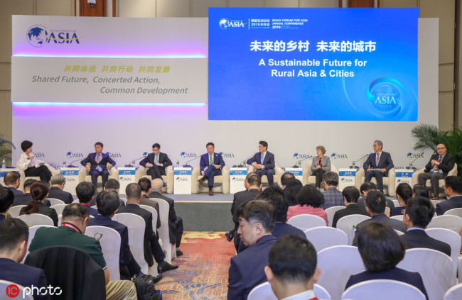 Guests attends the "A Sustainable Future for Rural Asia & Cities" session during the Boao Forum for Asia Annual Conference 2019 at the BFA International Convention Center in Boao, Qionghai city, south China's Hainan province, 29 March 2019.[Photo: IC]