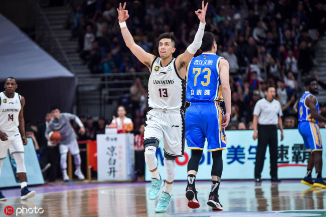 Guo Ailun celebrates after hitting a three-pointer in Game 2 of the playoffs second round series between Liaoning and Fujian in Shenyang on Mar 28, 2019. [Photo: IC]