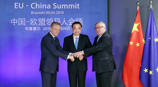 Chinese Premier Li Keqiang (C), President of the European Council Donald Tusk (L), and President of the European Commission Jean-Claude Juncker meet in Brussels for the 21st China-EU leaders' meeting on Tuesday, April 9, 2019. [Photo: gov.cn]