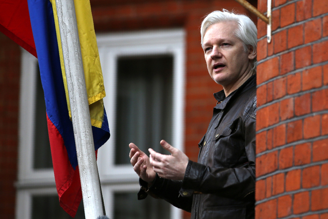 Wikileaks founder Julian Assange speaks on the balcony of the Embassy of Ecuador in London on May 19, 2017. [File photo: AFP]