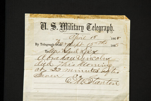 This photo shows a handwritten notification of President Abraham Lincoln's death that is being offered for sale by Raab Collection in Ardmore, Pa., Thursday, April 11, 2019. The telegram was written inside a home where Lincoln was rushed after being shot at Ford's Theater on April 14, 1865. [Photo: AP]