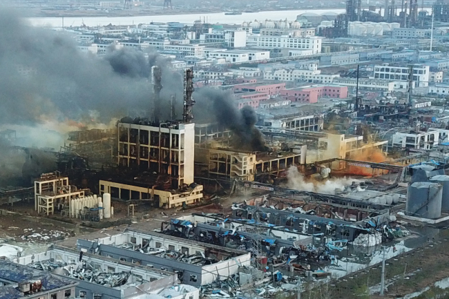 Aerial photo taken on March 22, 2019 shows the chemical factory after the explosion in Yancheng, east China's Jiangsu Province. [File Photo: IC]
