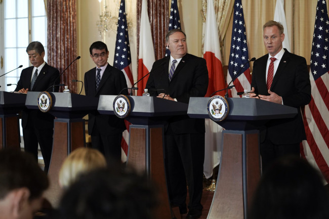 Acting Secretary of Defense Patrick Shanahan, right, speaks as, from left, Japanese Defense Minister Takeshi Iwaya, Japanese Foreign Minister Taro Kono, and Secretary of State Mike Pompeo listen Friday, April 19, 2019, at the Department of State in Washington. [Photo: IC]