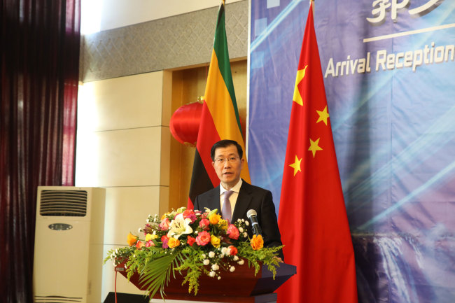 Chinese Ambassador to Zimbabwe Guo Shaochun gives a speech at a welcoming reception to mark his assumption of office on Thursday, April 25, 2019. [Photo: China Plus/Gao Junya]