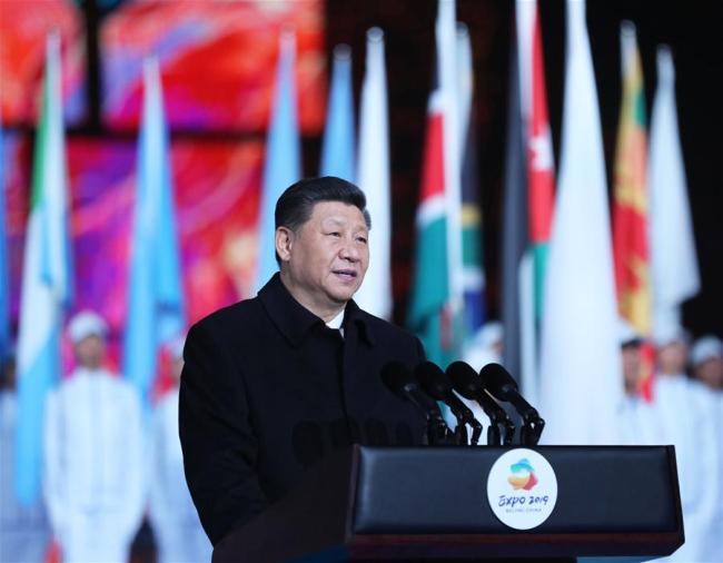 Chinese President Xi Jinping delivers a speech at the opening ceremony of the International Horticultural Exhibition 2019 Beijing in Yanqing District of Beijing, capital of China, April 28, 2019. [Photo: Xinhua]