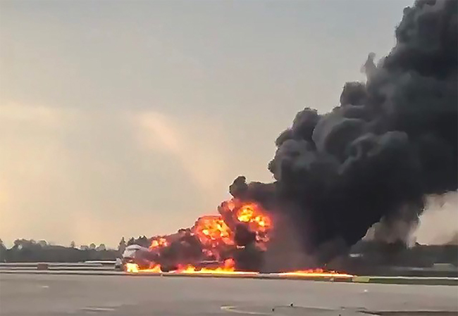 This handout grab of a video obtained from the Instagram account of Gunkevitch on May 5, 2019, shows a fire of a Russian-made Superjet-100 at Sheremetyevo airport outside Moscow. [Photo: AFP]