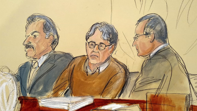 Courtroom sketch of NXVIM leader Keith Raniere, center, with his attorneys during first day of his sex trafficking trial on May 7, 2019. [Photo: AP]