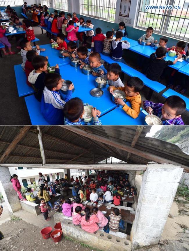 Combo photo shows children having a meal(吃饭 chīfàn) at the new canteen(餐厅 cāntīng) on May 7, 2019 (upper) and children having lunch on Nov. 24, 2014 at Bahao Primary School in Bansheng Township of Dahua Yao Autonomous County, south China's Guangxi Zhuang Autonomous Region. [Photo: Xinhua/Huang Xiaobang]