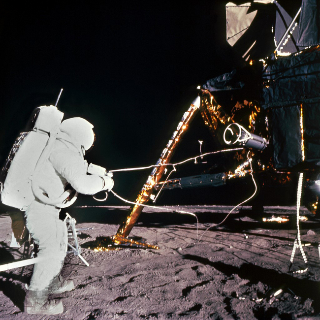 Photo released by NASA shows one of the astronauts of the Apollo 12 space mission on the Moon, standing by the Saturn V lunar module on November 19, 1969. [File photo: AFP]<br/>