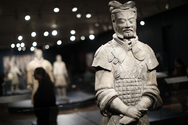 Visitors browse the Terracotta Army exhibit at the Cincinnati Art Museum, Saturday, April 21, 2018, in Cincinnati. Enhanced security features have been put into place at the museum following an incident at Philadelphia's Franklin Institute on Dec. 21 where 24-year-old partygoer Michael Rohana allegedly stole a thumb off their exhibit's statue. [Photo: IC]