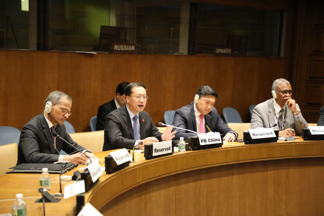 China's Permanent Representative to the United Nations, Ma Zhaoxu (center) speaks during a briefing on U.S.-China trade relations at UN headquarters, New York, May 17, 2019. [Photo: China Plus/Qian Shanming]