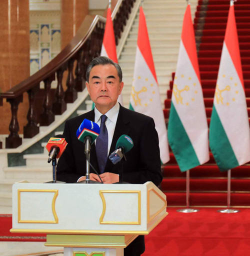 Chinese State Councilor and Foreign Minister Wang Yi speaks at a press conference following his talks with Tajikistan's President Emomali Rahmon in Dushanbe on Monday, May 20, 2019. [Photo: fmprc.gov.cn]
