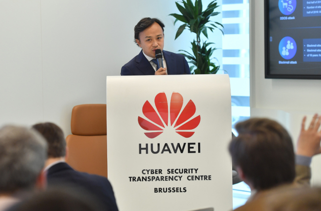 Huawei Chief Representative to the European Institutions Abraham Liu addresses a press conference at Huawei Cybersecurity Center on May 21, 2019 in Brussels. [Photo: AFP/Emmanuel Dunand]