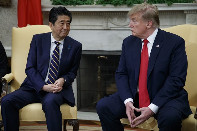 United States President Donald J. Trump welcomes Prime Minister Shinzo Abe of Japan to the White House in Washington, DC on April 26, 2019.  [File photo: IC]