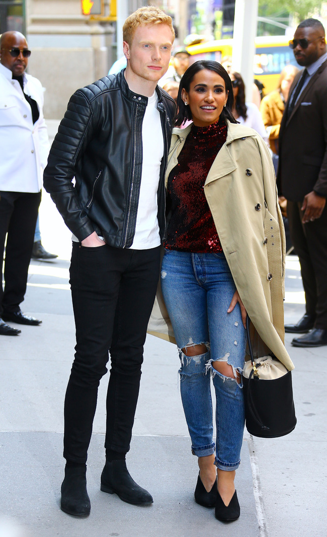 Charlie Field and Tiffany Smith aka Harry and Meghan in "Harry & Meghan: Becoming Royal," arrive at The Build Series Studio in Soho, New York on May 23, 2019. [Photo: IC]