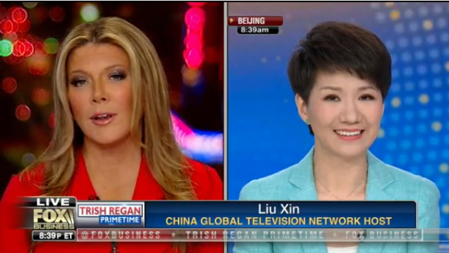 CGTN anchor Liu Xin (R) and Fox Business Network host Trish Regan are facing off live. [Photo: cgtn.com]