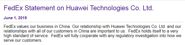 Photo shows the FedEx statement published on its official website, June 1, 2019. [Photo: China Plus]