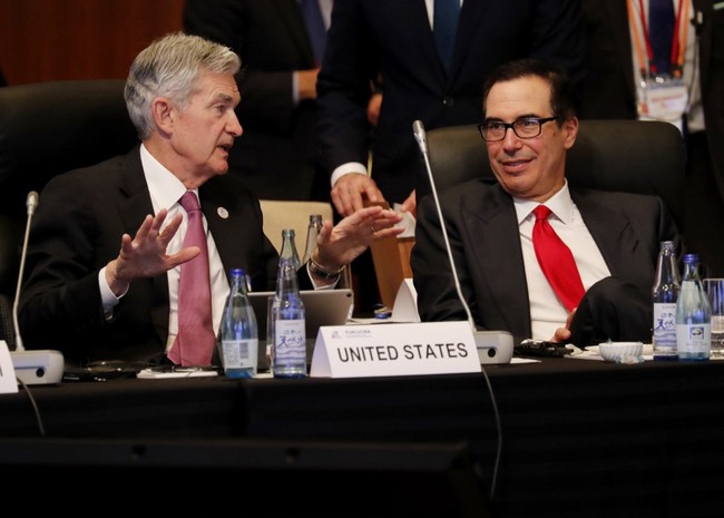 Federal Reserve Chairman Jerome Powell (L) talks with US Treasury Secretary Steven Mnuchin during the G20 finance ministers and central bank governors meeting in Fukuoka on June 8, 2019. [Photo: AFP]