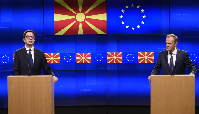 President of European Council Donald Tusk (R) and President of North Macedonia Stevo Pendarovski give a press conference after their bilateral meeting at the EU headquarters in Brussels, on June 12, 2019. [Photo: AFP/John Thys]