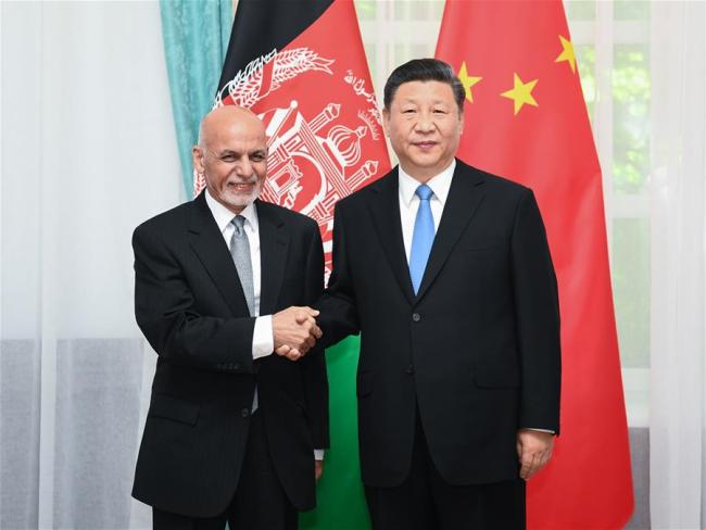Chinese President Xi Jinping (R) meets with his Afghan counterpart, Mohammad Ashraf Ghani, in Bishkek, Kyrgyzstan on Thursday, June 13, 2019. [Photo: Xinhua]