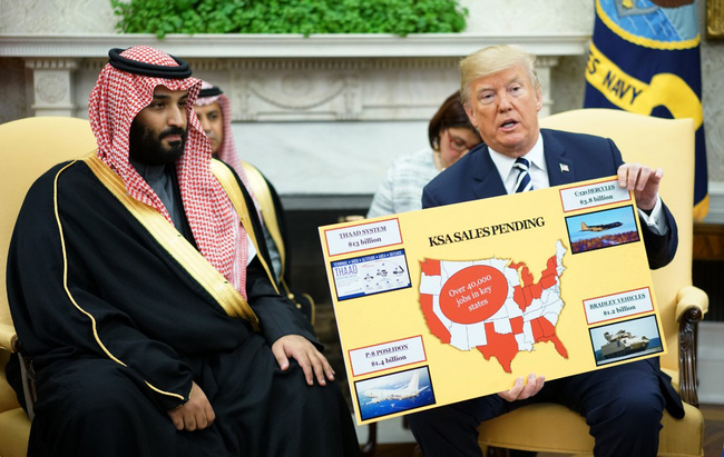 U.S. President Donald Trump (R) holds a defence sales chart as he meets with Saudi Arabia's Crown Prince Mohammed bin Salman in the Oval Office of the White House on March 20, 2018 in Washington, DC. [File photo: AFP]