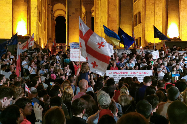 People rally outside the parliament in Tbilisi on June 20, 2019. [Photo: AFP/Vano Shlamov]