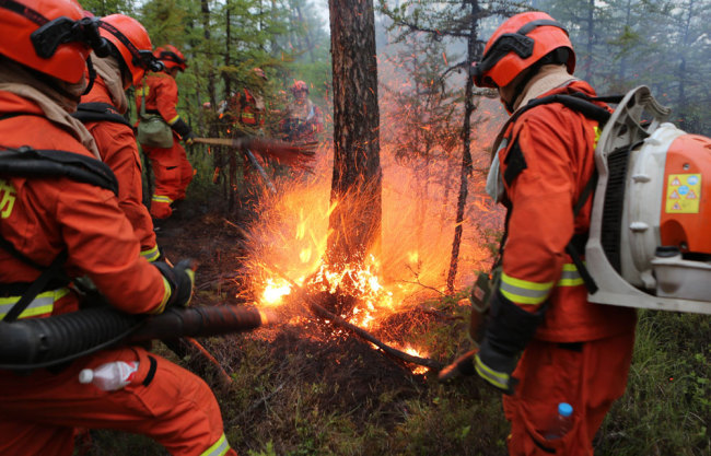 Firefighters try to contain a forest fire in Inner Mongolia Autonomous Region on Saturday, June 22, 2019. [Photo: IC]