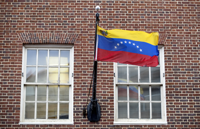 A Venezuelan national flag flies at its Embassy to the United States in the Georgetown area of Washington, DC, January 24, 2019. [Photo: IC]