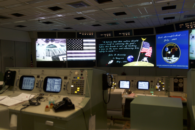 A recreation of the moon landing is viewed inside the newly restored Apollo Mission Control Room at NASA's Johnson Space Center in Houston on June 28, 2019. 50 years after handling the Apollo 11 mission, NASA's Apollo mission control center has been restored to appear just as it did back then. [Photo: AFP/Kacey Cherry]