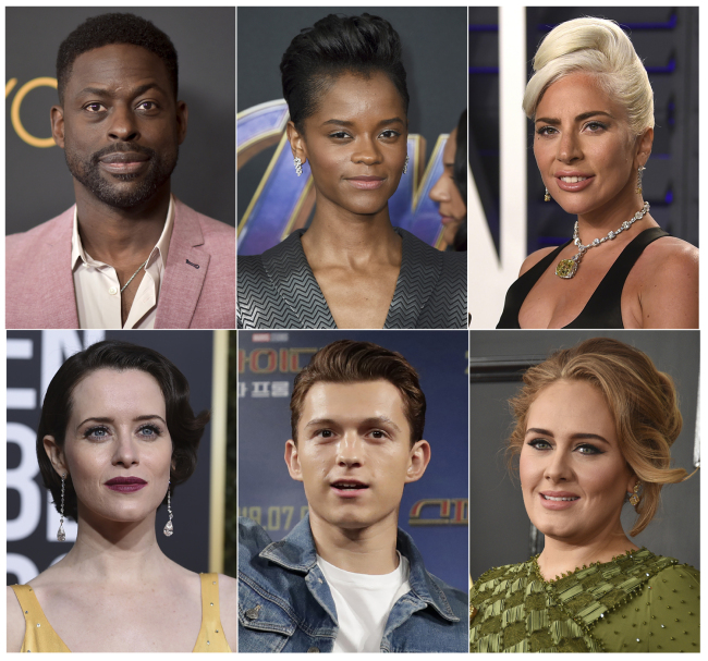 This combination photo shows, top row from left, Sterling K. Brown, Letitia Wright, Lady Gaga, and bottom row from left, Claire Foy, Tom Holland and singer Adele, who are among 842 people invited to join the Academy of Motion Pictures Arts and Sciences on Monday, July 1, 2019. [Photo: IC]