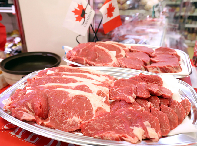 Sliced Canadian beef are displayed on the dishes for tasting. [File photo: IC]