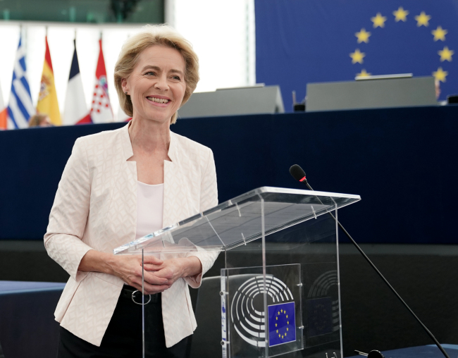 Ursula von der Leyen prepares to give a speech in the plenary hall after the announcement of the election results in Strasbourg, France, July 16, 2019. Von der Leyen becomes the new President of the EU Commission. The heads of state and government of the EU had proposed the CDU politician as successor to EU Commission President Juncker. [Photo: Michael Kappeler/dpa via IC]  