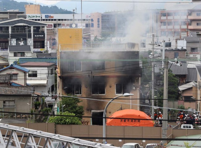 Photo taken July 18, 2019 shows the three-story studio of Kyoto Animation Co. in Kyoto after a man started a fire there. [Photo: IC] 
