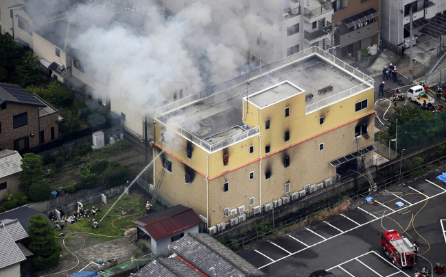 An aerial photo shows the fire site burning with fire in Kyoto, Japan, on July 18, 2019. [Photo: IC]
