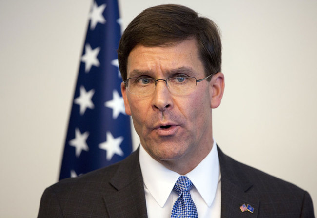 In this June 26, 2019 file photo, Acting U.S. Secretary for Defense Mark Esper speaks during a press point with NATO Secretary General Jens Stoltenberg prior to a meeting of NATO defense ministers at NATO headquarters in Brussels. [Photo: IC] <br>